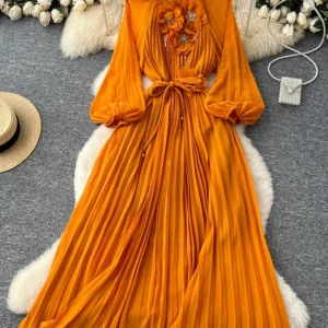 2025 Spring Autumn Fashion Elegant Dress for Women New French 3D Floral Single Breasted Chiffon Long Sleeve Long Dress C226