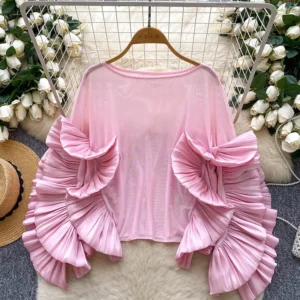 Women Summer Blouse European Style Temperament Shirt Ruffled Edges Thin Mesh Loose Elegant Style High-end Trendy Top BL215