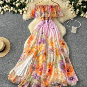 Women's Summer Dress Sexy Vacation Style One Shoulder Lotus Leaf Edge Splicing Temperament Long Printed Chiffon Dress DS037