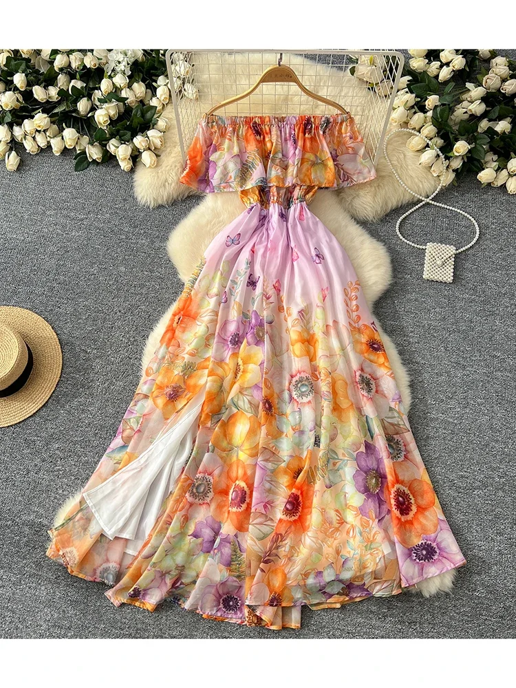 Women's Summer Dress Sexy Vacation Style One Shoulder Lotus Leaf Edge Splicing Temperament Long Printed Chiffon Dress DS037