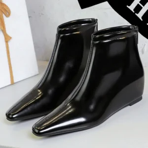 BIGTREE Shoes patent leather Short Boots Women Wedges Shoes Rear zipper short leather boots Low heeled women's ankle boots New