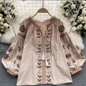 Women Spring Blouse Korean Version Embroidered Ethnic Style Embroidered Tassel Loose Tie Round Neck Bubble Sleeve Top D3522
