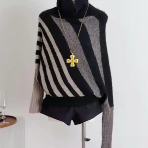 Women's Bat Sweater Knitted Reversible Versatile Gray Diagonal Stripe Wool Blended Turtleneck Pullover Female Top SW024