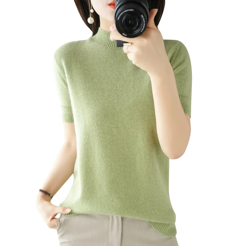 Spring Autumn Women Sweater Casual Warm Bottoming Shirts Mock Neck Basic Knitwear Short Sleeve Pullovers Korean Fashion Jumper - Image 5