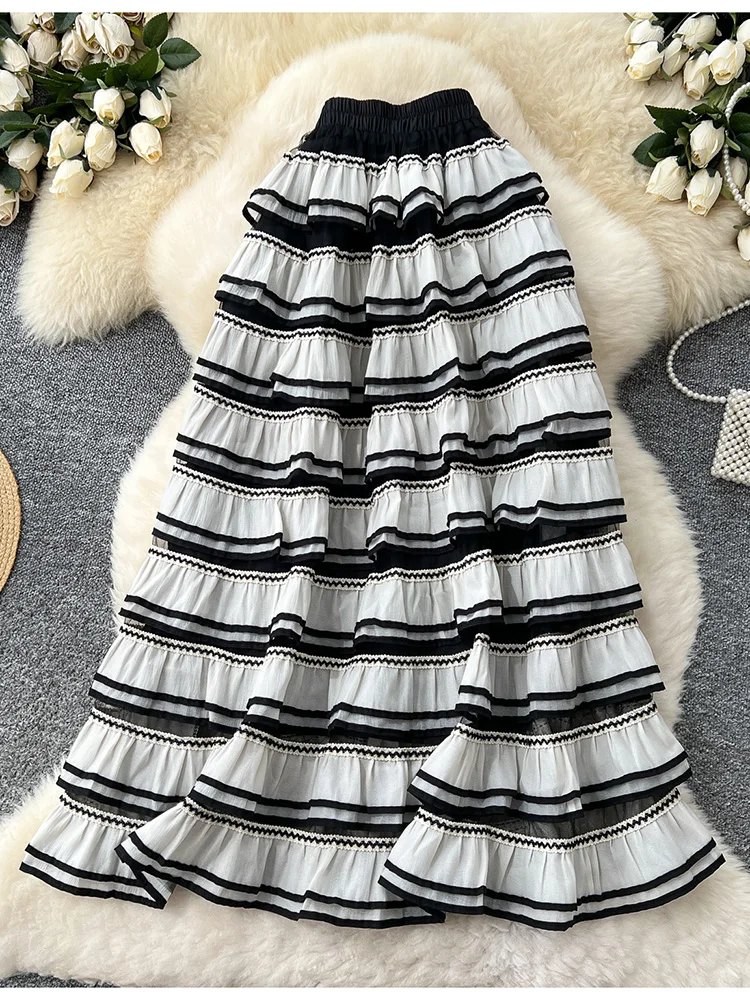 Women's Summer Skirt French Style High-end Contrasting Ruffle Edge Cake Gentle Versatile Hanging Mid Length Faldas SK049
