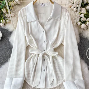Women's Spring Shirt Korean Temperament Striped Lapel Single Breasted Long Sleeved Shirt New Versatile Waist Cinching Top BL177