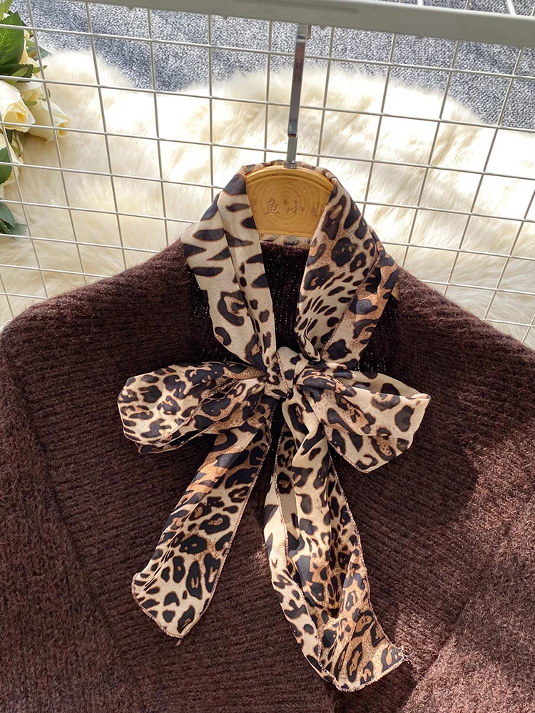 Women Knitted Dress Autumn Winter O-neck Long-sleeved Leopard Bow Scarf Elastic Simple Sexy Mini Female Vestidos DS215 - Image 3