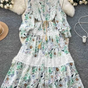 Spring Autumn French Retro Dress for women with Hollowed Out Embroidery Long Sleeves Lace Patchwork Single Breasted Dress D03
