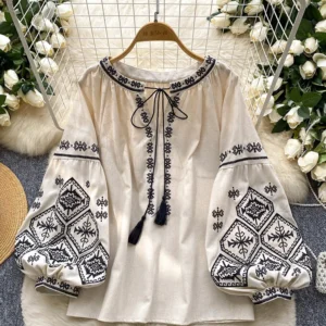Women's Spring Autumn Blouse Ethnic Style Temperament Lantern Sleeve Shirt Embroidered Casual Lace Up Loose Design Top BL186