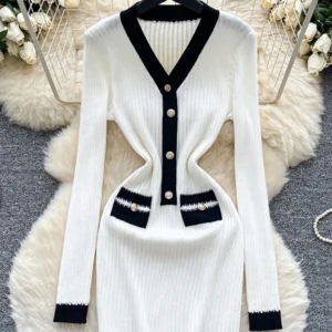 Fashion Color Blocked Mini Knitted Dress Women Autumn French Waist Cinching Simple Slim Fit Hip Hugging Knitted Dress C355