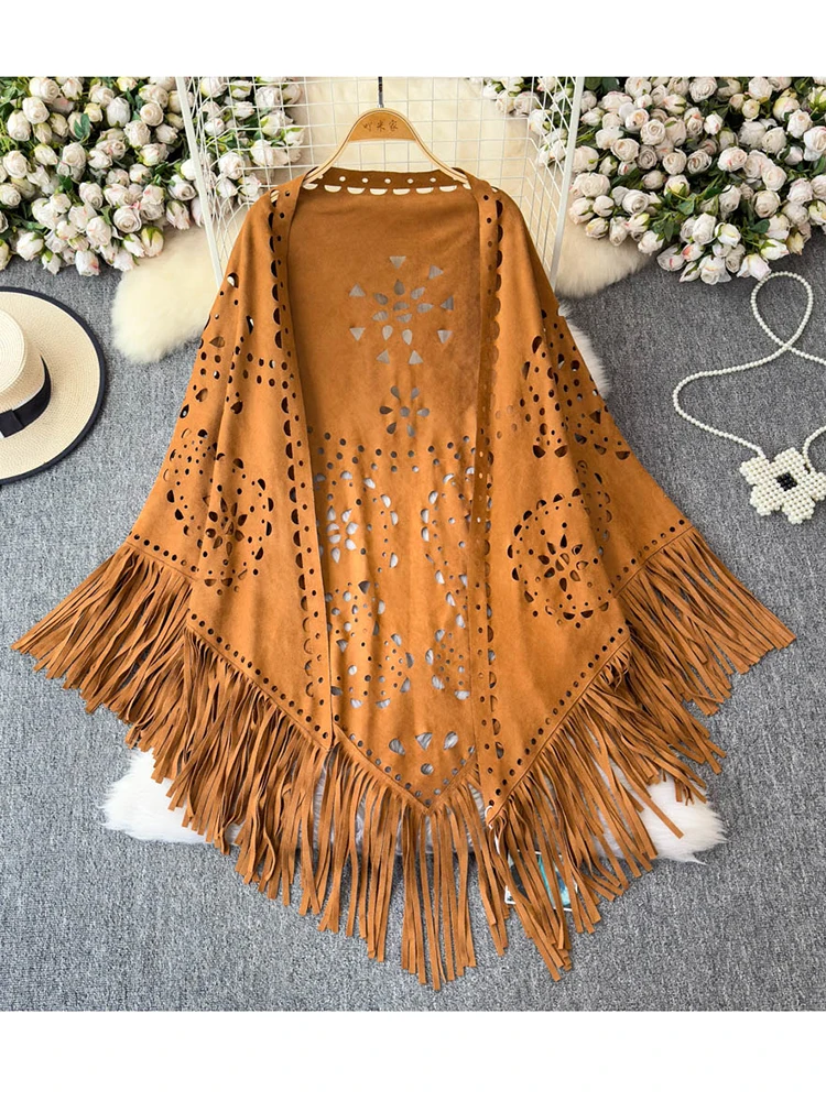 Women's Ethnic Style Fashion European and American Suede Shawl Cardigan Cape Hollow Tassel Versatile Loose Top D58