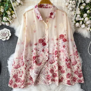 Women's Spring Shirt Korean Version Advanced Embroidery Printed Lapel Long Sleeved Shirt Loose Slimming Shirt Sheer Top BL208