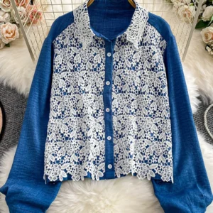 2025 Autumn Girls Shirt Lace Panel Turn-Collar Long-Sleeve Shirt Loose-Fitting Women Versatile Top Fashionable Blouse BL224