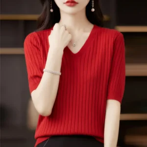 Women Sweater Short Sleeve V-neck Stripe Knitwears Slim Fit Shirt Korean Fashion Pullovers Thin Knit Tops 2025 Bottoming Shirts