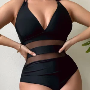 VigoBreviya 2025 Black Strapped Swimwear Women Mesh Patchwork One Piece Swimsuit Summer Beach Monokini Hollow Lady Bathing Suit