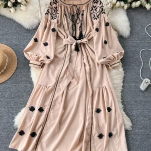 New Spring Women Bohemian Vacation Dress Travel Wear Sweet Western-style Embroidery Loose Waist Large Hem Long Sleeve Dress A57