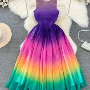 Women Summer Vestidos Fashion Style Sleeveless Round Neck Waist Wrapped A-line Rainbow Gradient Elegant Chiffon Dress D5616