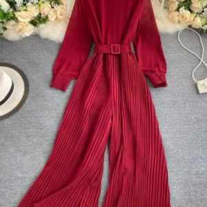 Women's Spring Autumn Jumpsuit New Solid Color Round Neck Long-sleeved Pleated Wide-leg Pants Lace Up Thin Jumpsuit LL061