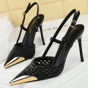Fashion hollow Weaving Women Pumps Metal pointed tip High Heels Stiletto 9.5 cm buckle Summer Women's high-heeled sandals Shoes