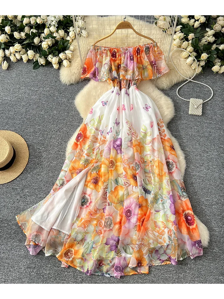 Women's Summer Dress Sexy Vacation Style One Shoulder Lotus Leaf Edge Splicing Temperament Long Printed Chiffon Dress DS037 - Image 5