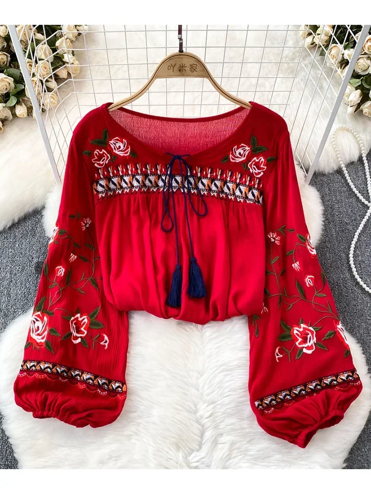 Women Spring Autumn Blouse Bohemian Vintage Lantern Long Sleeve Round Neck Embroidered Loose Pullover Shirt Casual Top D5081 - Image 2