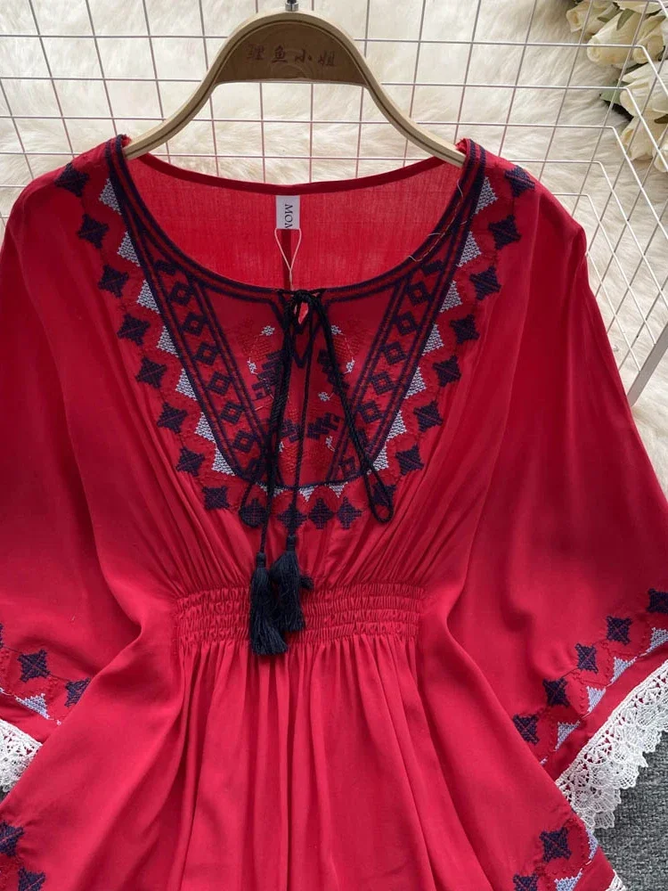Women Summer Blouse New Lace Panel Printing Design Feels Small Retro Slim Lazy Medium Length, Chic Loose Top D2558 - Image 4