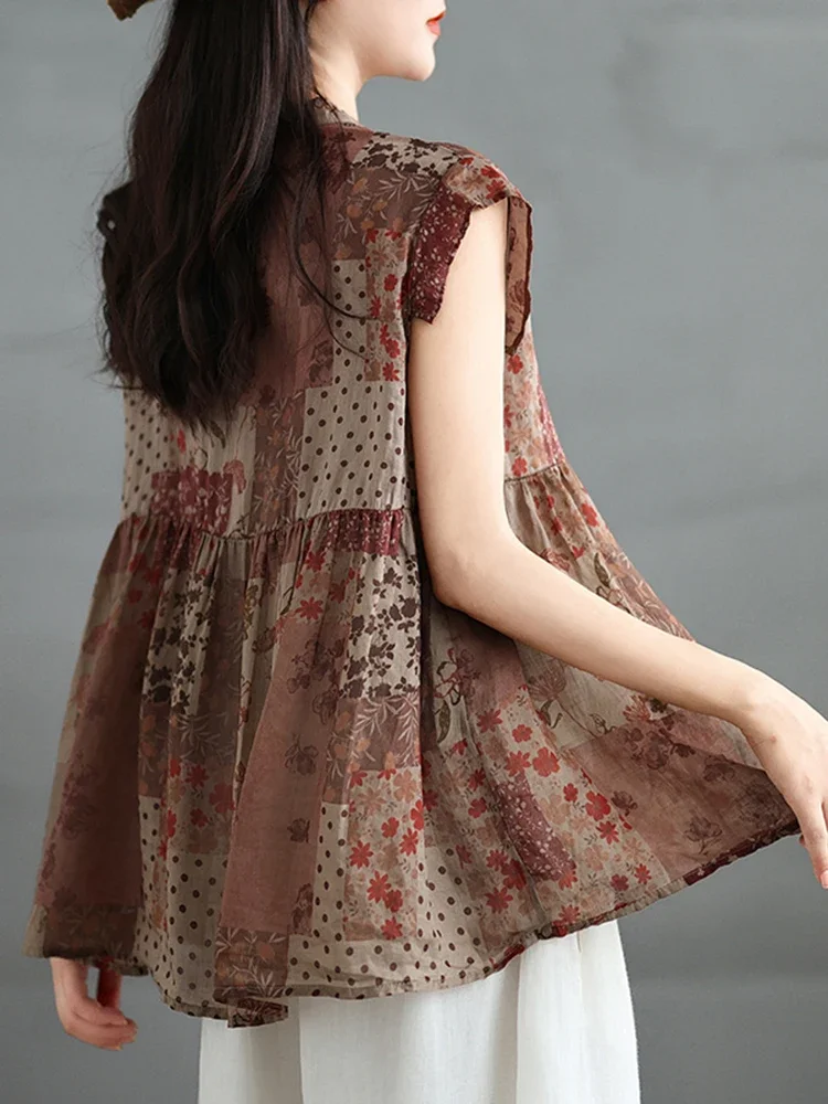 2025 Summer New Sleeveless Shirt for Women's Literature Retro Unique Casual Ramie Printed Splicing Sleeveless Lace Thin Top C66 - Image 3