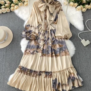 Women‘s Spring Dress French Style Lace Up Bow V-neck Lantern Sleeve Cinched Waist Printed Lotus Leaf Edge Vestidos DS150