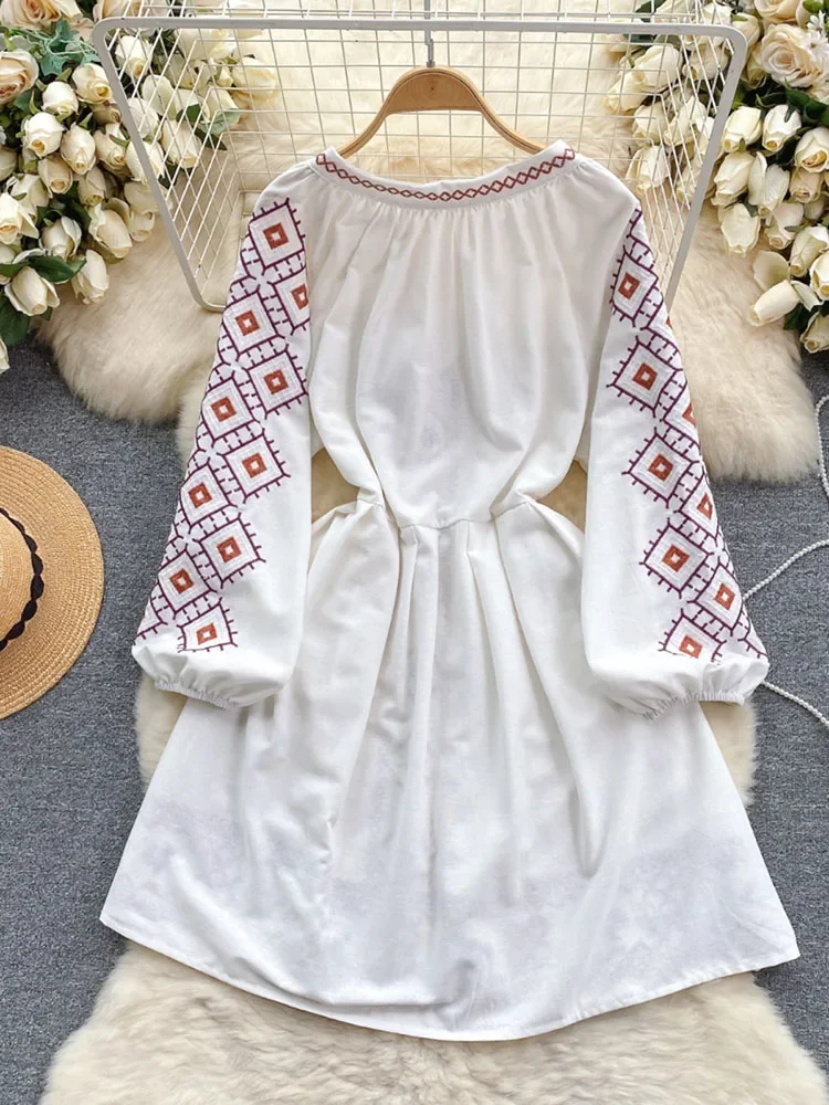 Women's Spring Dress Bohemian Retro Ethnic Style Diamond Cotton Linen Blend Embroidered Lantern Sleeves Mini Dress DS003 - Image 3