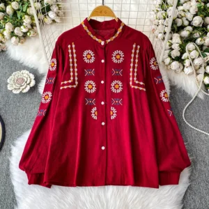 Women's Spring Shirt 2025 New Ethnic Style Retro Embroidery Stand Up Collar Lantern Sleeve Top Versatile Loose Jacket BL167