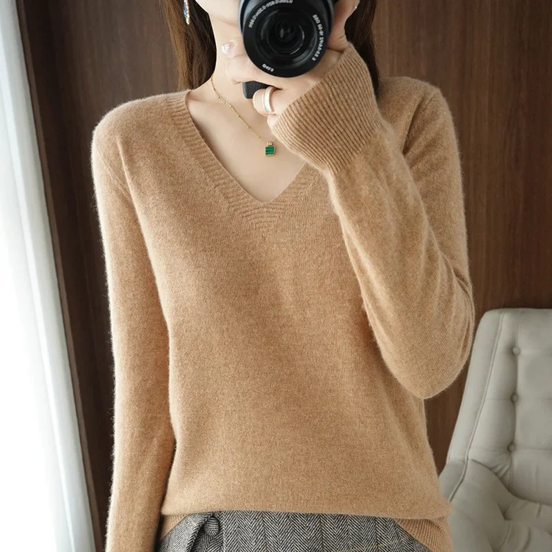 YSZWDBLX Sweaters Women Casual V-neck Solid Jumpers Pullovers Spring Autumn Womens Sweater Winter Warm Knitwear Bottoming Shirt - Image 3
