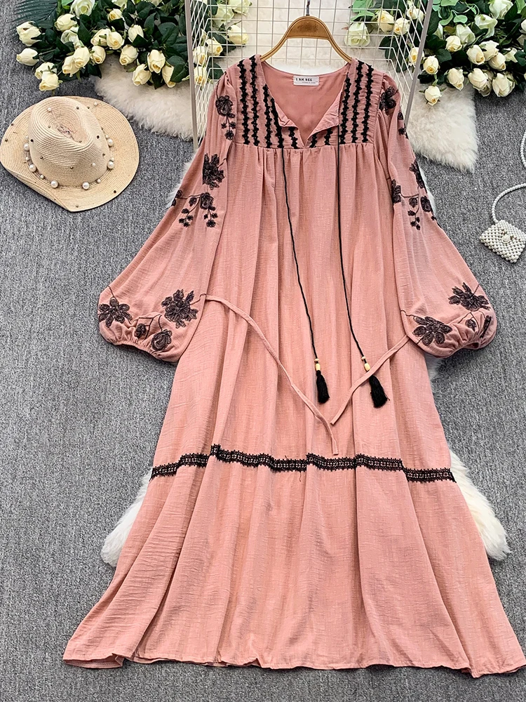 Women's Dress Autumn Bohemian Vintage French Lace Flower Embroidery O-neck Lantern Sleeve Bandage Elegant Long Vestidos DS205 - Image 3