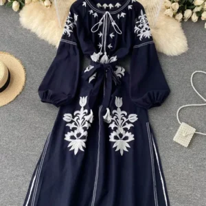 New Spring Autumn Women's Embroidered Dress V-neck Tie Split Retro Indie Folk Style Holiday Beach Long Dress Women GD679