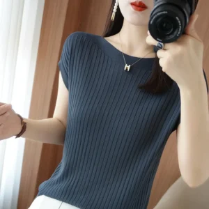 Spring Summer T-shirt Women Short Sleeves Slim Striped Innerwear Slash Neck Fashion Korean Loose Knitted T-shirt Sweater 2025