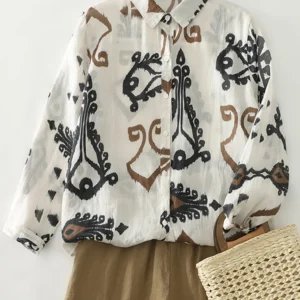 Spring Autumn Printed Cotton Hemp Long Sleeve Shirt Women New Thin Breathable Artistic Blouse Large Loose Casual Shirt Top S102