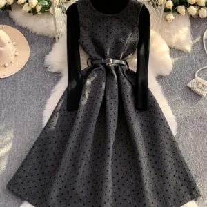 Autumn Winter French Polka Dot Round Neck Vest Dress Set Women's New Elegant and Sweet Base Sweater Dress Two-piece Set S116