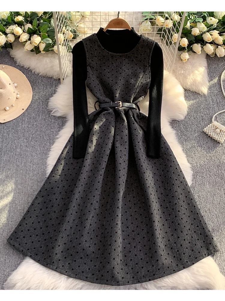 Autumn Winter French Polka Dot Round Neck Vest Dress Set Women's New Elegant and Sweet Base Sweater Dress Two-piece Set S116