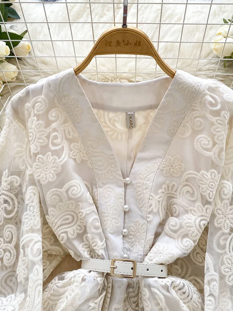 Summer French Sweet V-neck Dress Women's Lantern Sleeves Embroidered Waist Single Breasted A-line Mini Elegant Party Dress C187 - Image 3