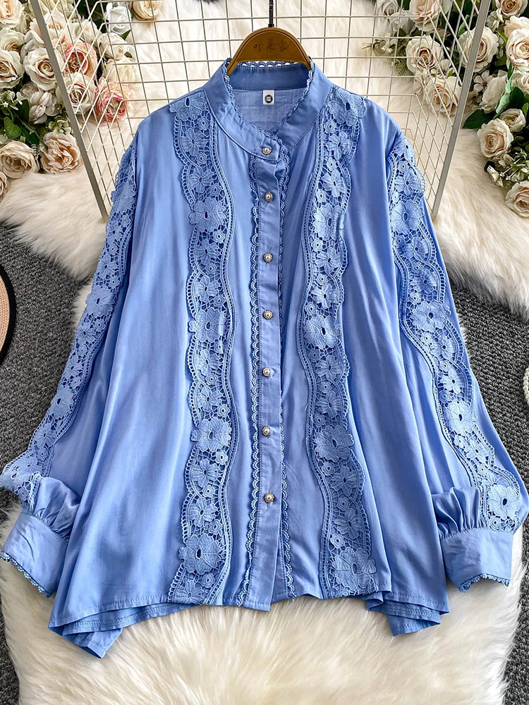 Women's Autumn Shirt Court Style Retro Lace Patchwork Stand Collar Lantern Sleeve Shirt Gentle Blue Top Female BL225