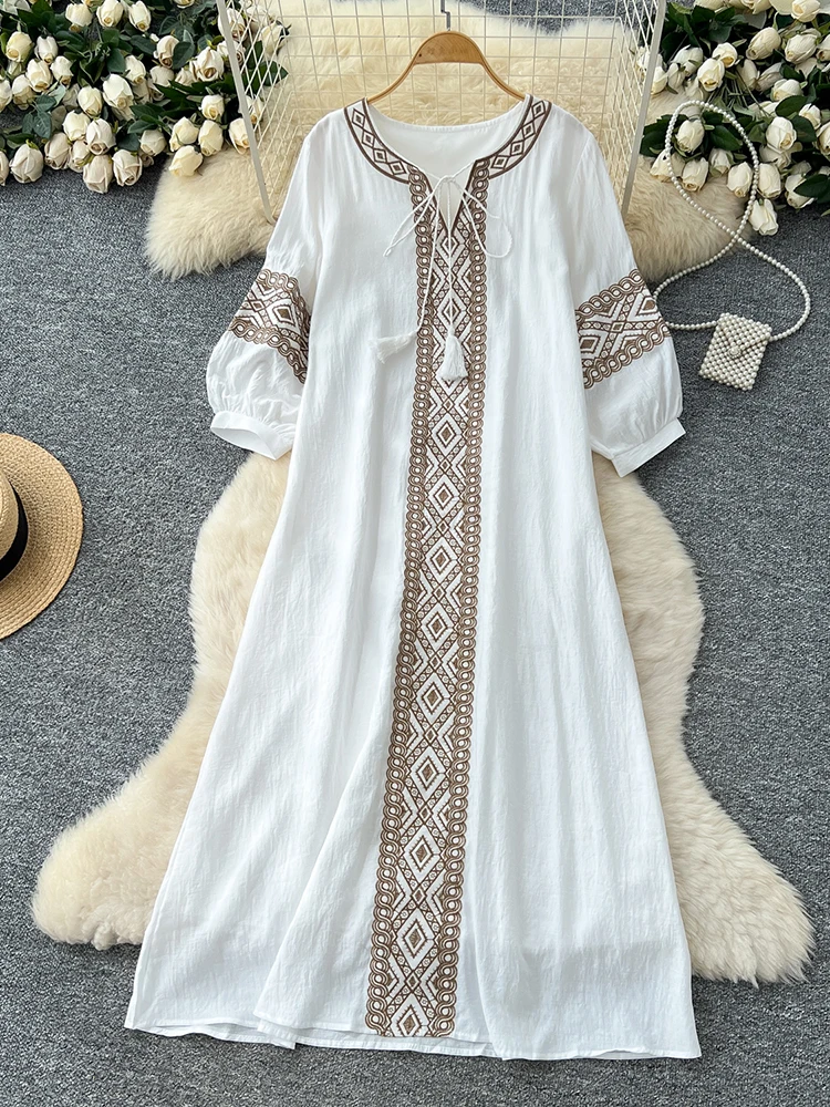 Spring Summer Retro Ethnic Style Seven Quarter Sleeved Dress for Women Loose Casual Embroidery Long Dress S66
