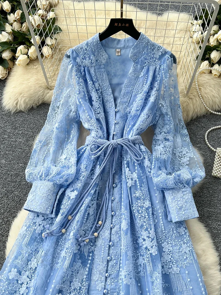 Spring Autumn French High-end Women's Dress New Lace Embroidery V-neck Lantern Sleeves Single Breasted Party Birthday Dress C192 - Image 3
