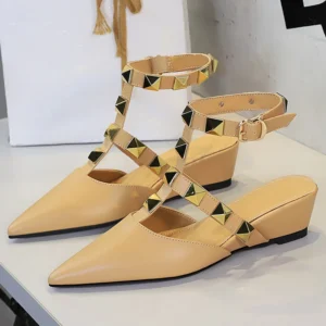 BIGTREE Shoes Women wedges heels pointed sandals Women Summer Shoes rivet design Women shoes buckle Mid heel 5 cm Ladies shoes