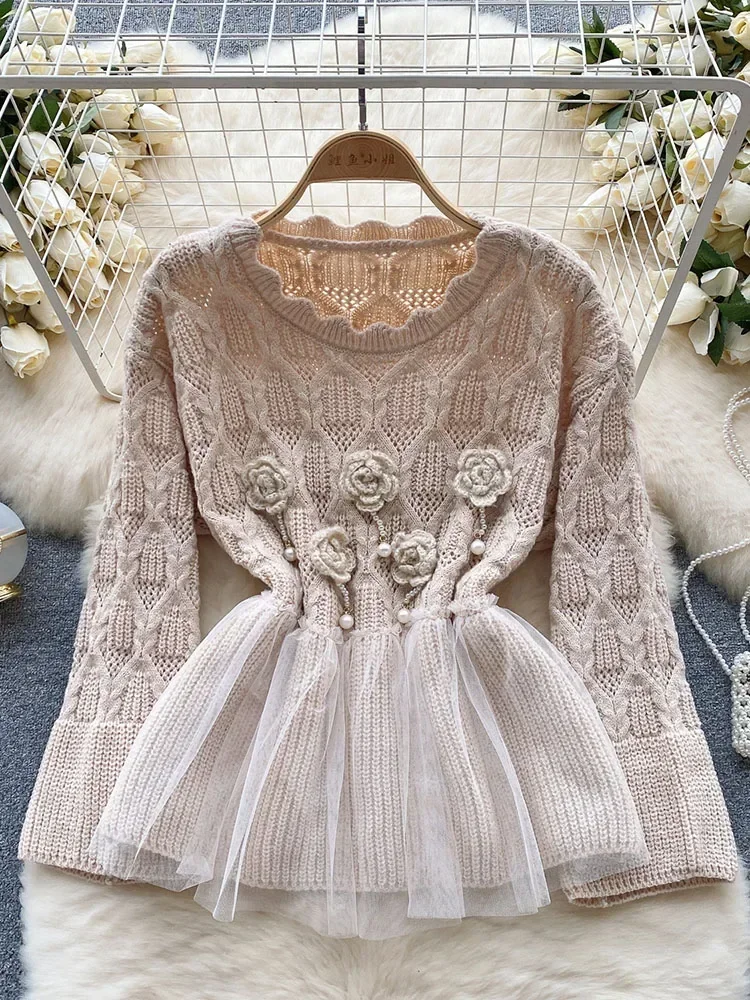 Women Autumn Pullovers Korean Sweater Gentle Design Feel Mesh Ruffle Flap Versatile Knitwear Long Sleeve Top D5075