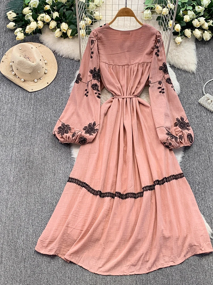 Women's Dress Autumn Bohemian Vintage French Lace Flower Embroidery O-neck Lantern Sleeve Bandage Elegant Long Vestidos DS205 - Image 2