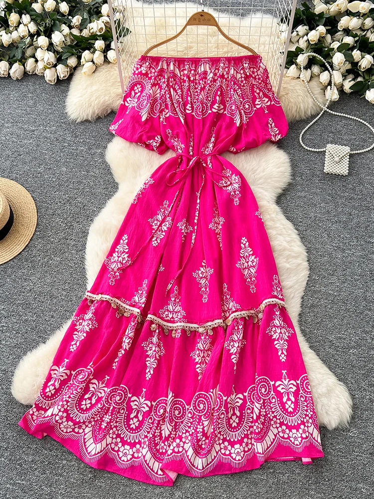 2025 Summer Women's Bohemian Holiday Dress with One Shoulder Bubbly Sleeves Waist Collection Tassel Printed Long Dress - Image 2