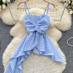 Dopamine Sweet Checkered Tank Top for Women's Summer New Folds Slim Fit Fashionable Beach Vacation Sexy Top C257