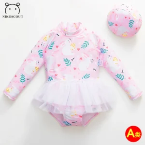Children's Swimsuit Girl Baby Quick-Drying One-Piece Fashionable Little Princess Long-Sleeved Sun Protection Summer Girl Swimsuit