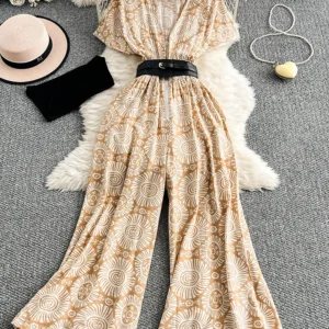 Women‘s Summer Jumpsuits Stylish Interior Strapless V-neck Sexy Jumpsuit New Printed Waist Cinched Wide Leg Pants DS152