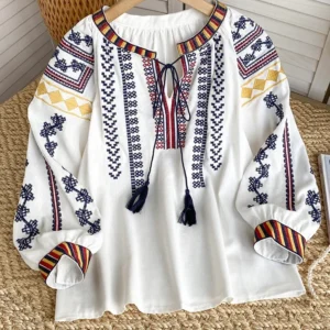 Women's Retro Blouse National Style Embroidered Lace-Up Tassel V-Neck Lantern Sleeve Tops Loose All-Match Female Tops A25