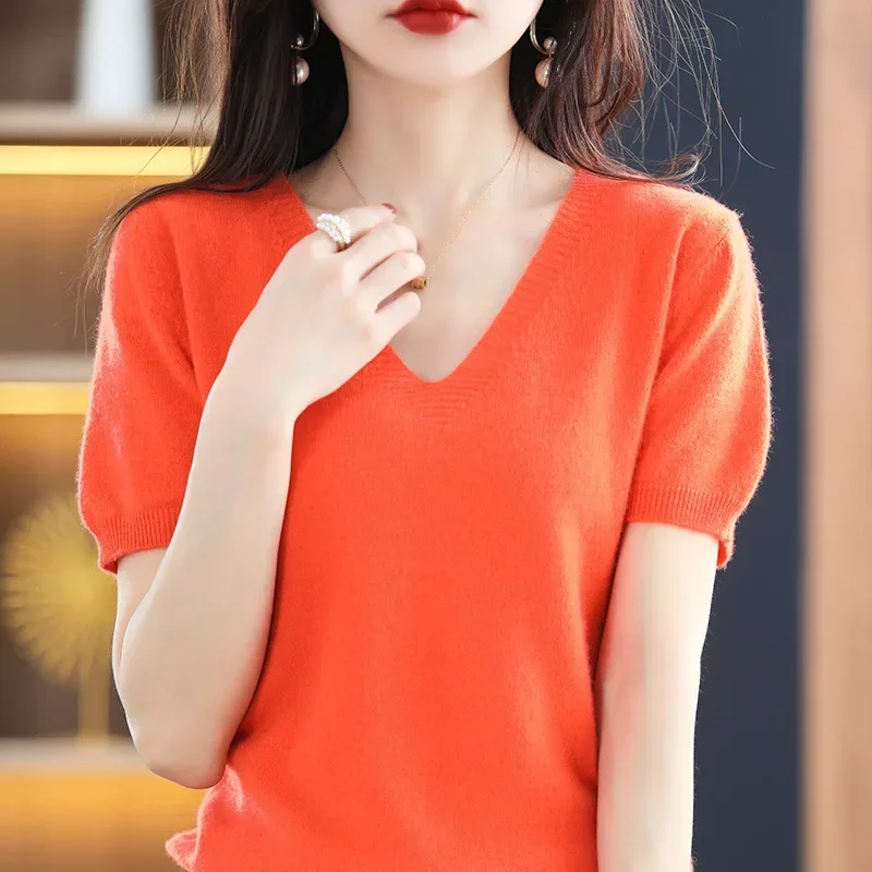 Spring Summer Women Sweater Knit Tshirts V-neck Short Sleeve Knitwears Korean Fashion Pullovers Solid Bottoming Shirt Jumper - Image 6